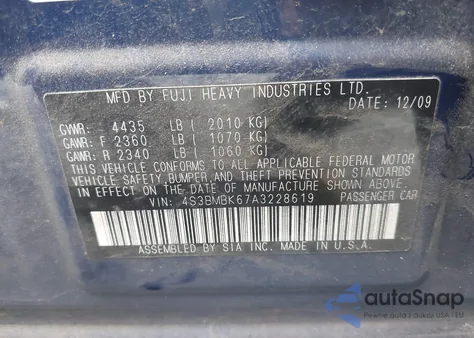 2010 Subaru Legacy 2.5I Limited из США, поврежденный, VIN 4S3BMBK67A3228619